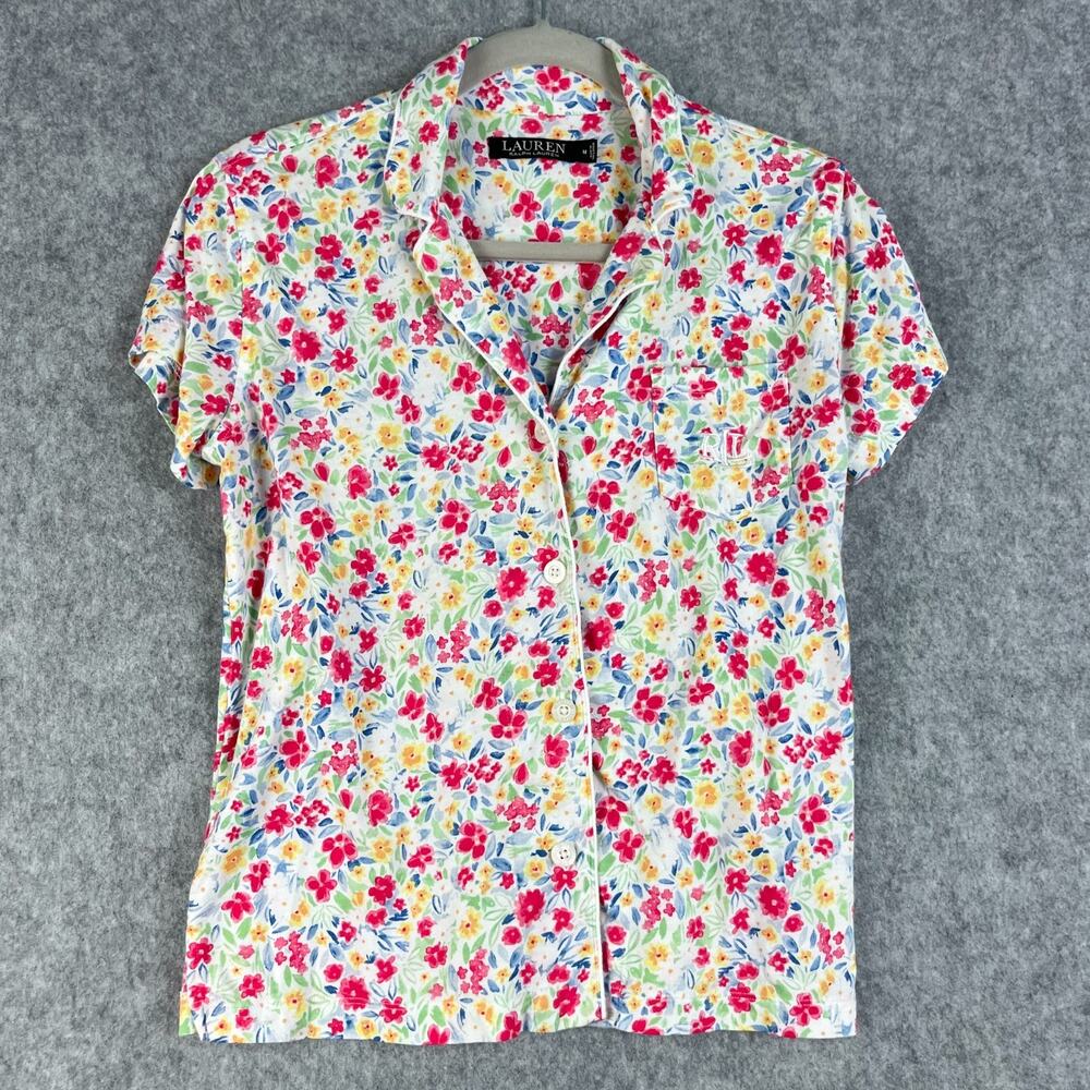 Lauren Ralph Lauren‎ Pajama Top Womens Medium Floral Button Front Monogram Logo
